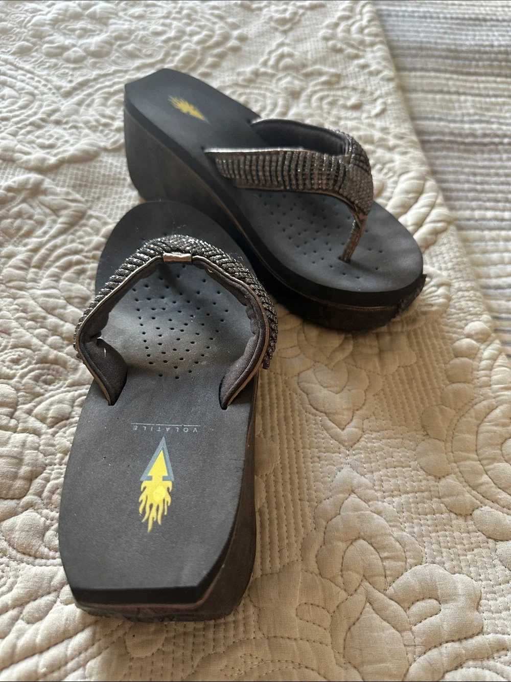 Volatile Silver Rhinestone Wedge Flip Sandals